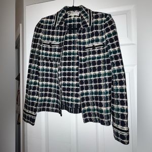 St. John | Knit Jacket Zip Leather Trim Plaid Green Black | Size 2